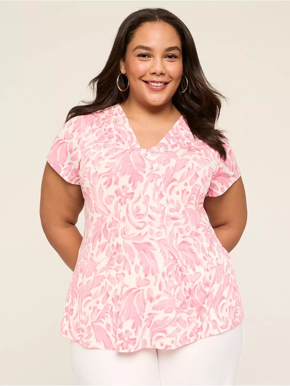 Lane Bryant Pink Floral-Pattern V-Neck Short Sleeve Top